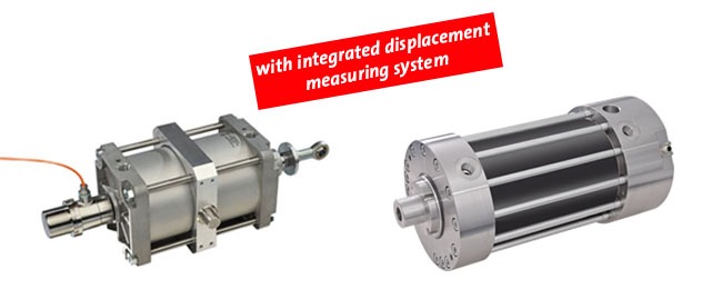 Zu sehen sind zwei Zylinder mit einem integriertem Weg-Mess-System