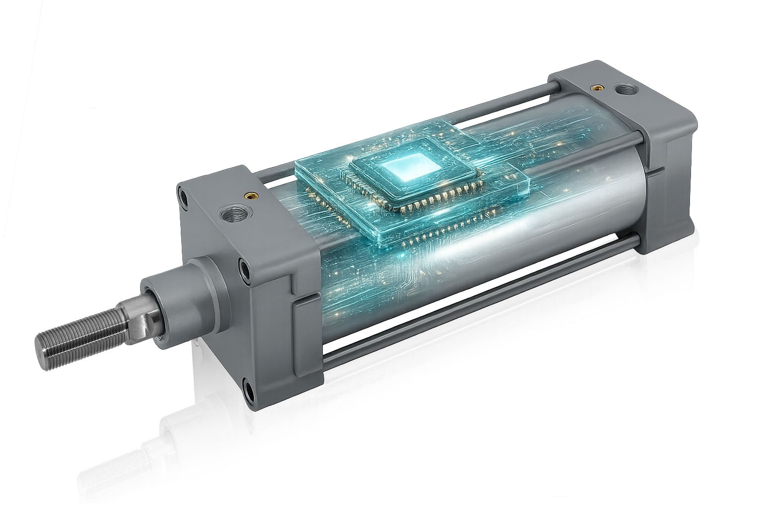 Ein Pneumatik-Zylinder auf dem ein Mikrochip integriert ist